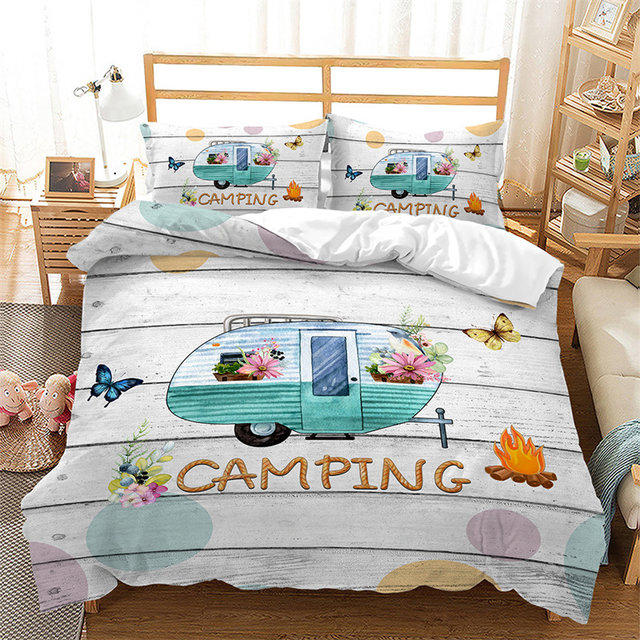 Camper Queen Bedding Set,Happy Camping Comforter Set Microfiber RV Inside  Decor Duvet Bedding,Camper Accessories for Travel Trailers,Camper Must  Haves