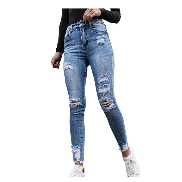 Cintura Alta Mulheres Slim Buraco Rasgado Jeans Jeans Casuais Estiramento  Skinny Calças Jeans Calças Regulares Pantalones Rotos Mujer # T1g De  $183,59