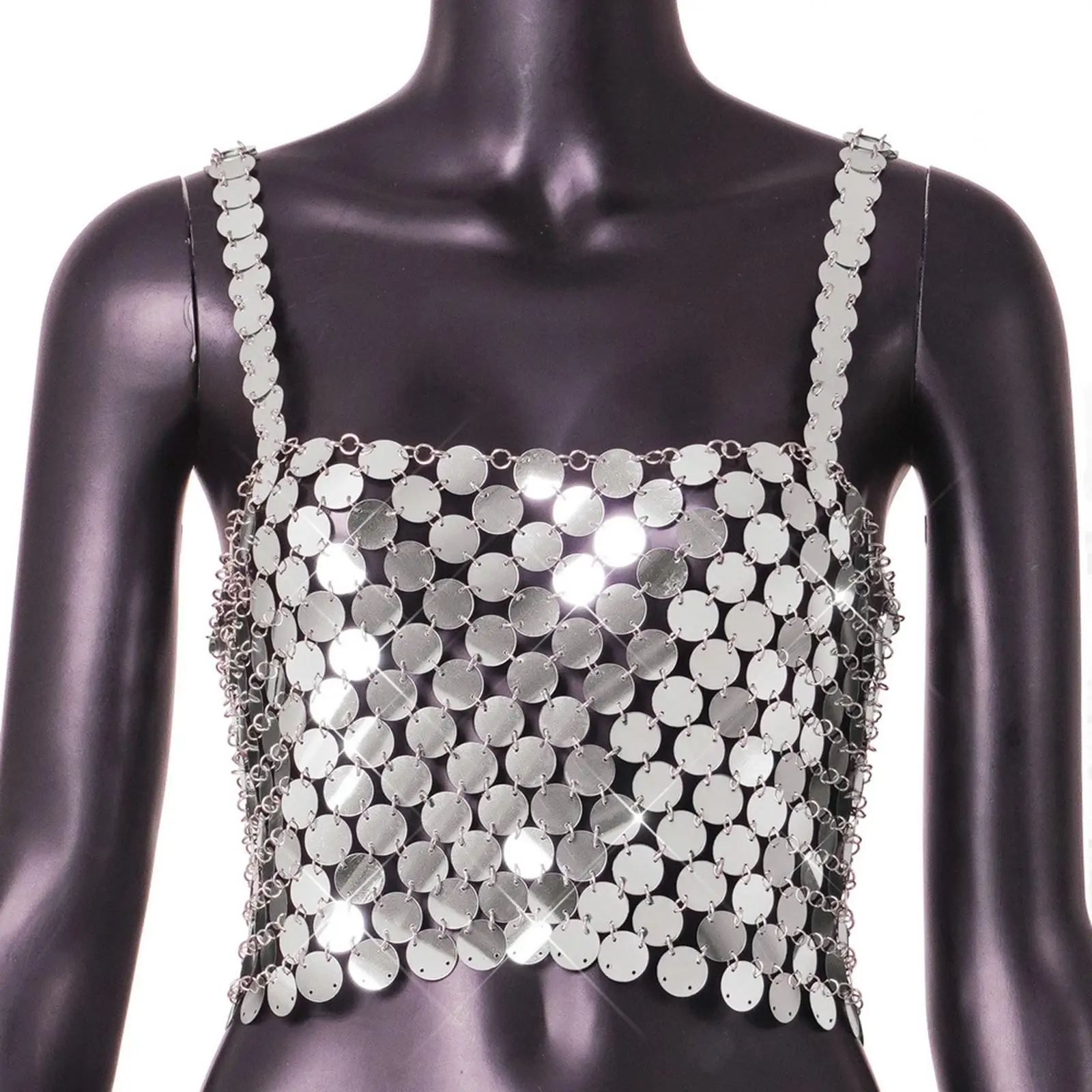 Shiny Sequined Crop Top Y2K Corset Vest Sparkly Hollow Out Outfit Glitter Bra Tops for Halloween Festival Nightclub Rave Party