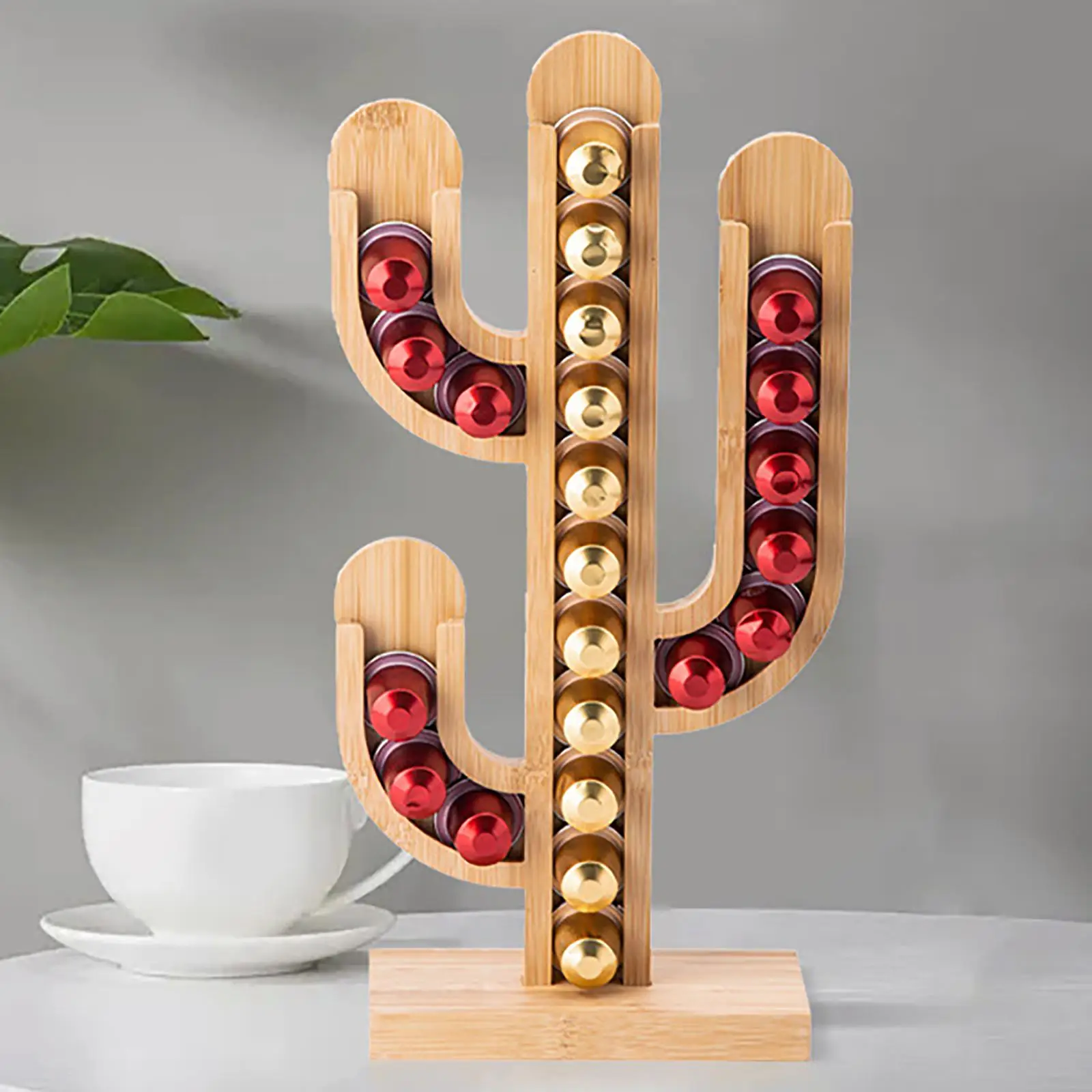 Wood Coffee Capsule Holder Cactus Shape Tower Stand Coffee Capsule Storage Dispenser Coffee Pod Holder for Home Drink Shop Hotel