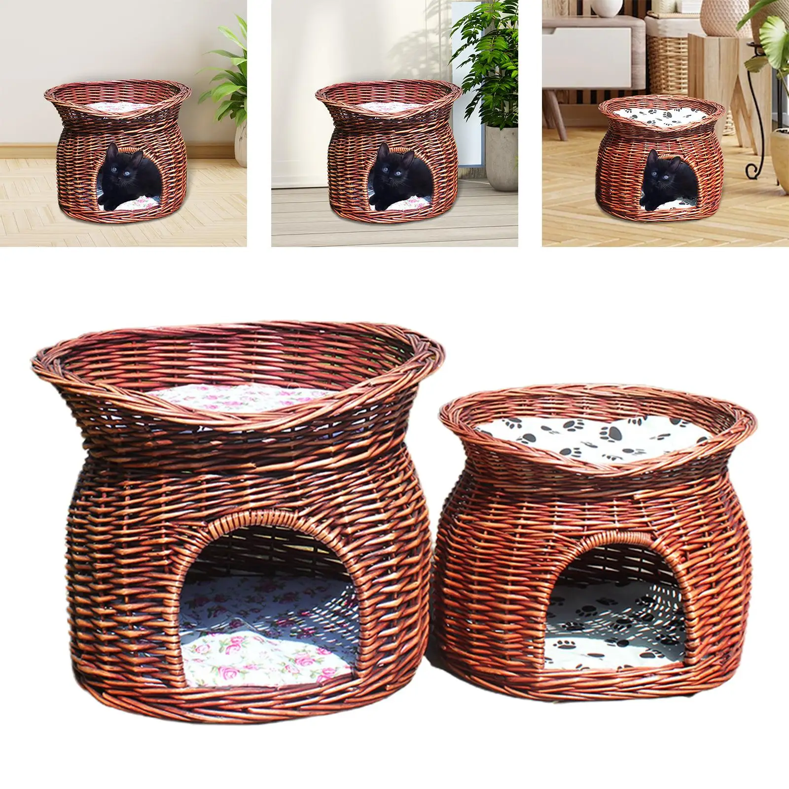 Pet House Rattan Woven Semi Enclosed Summer Kitten Cave Tent with Cushion Cat Nest Dog Bed Kitten House Wicker Basket Cat Bed