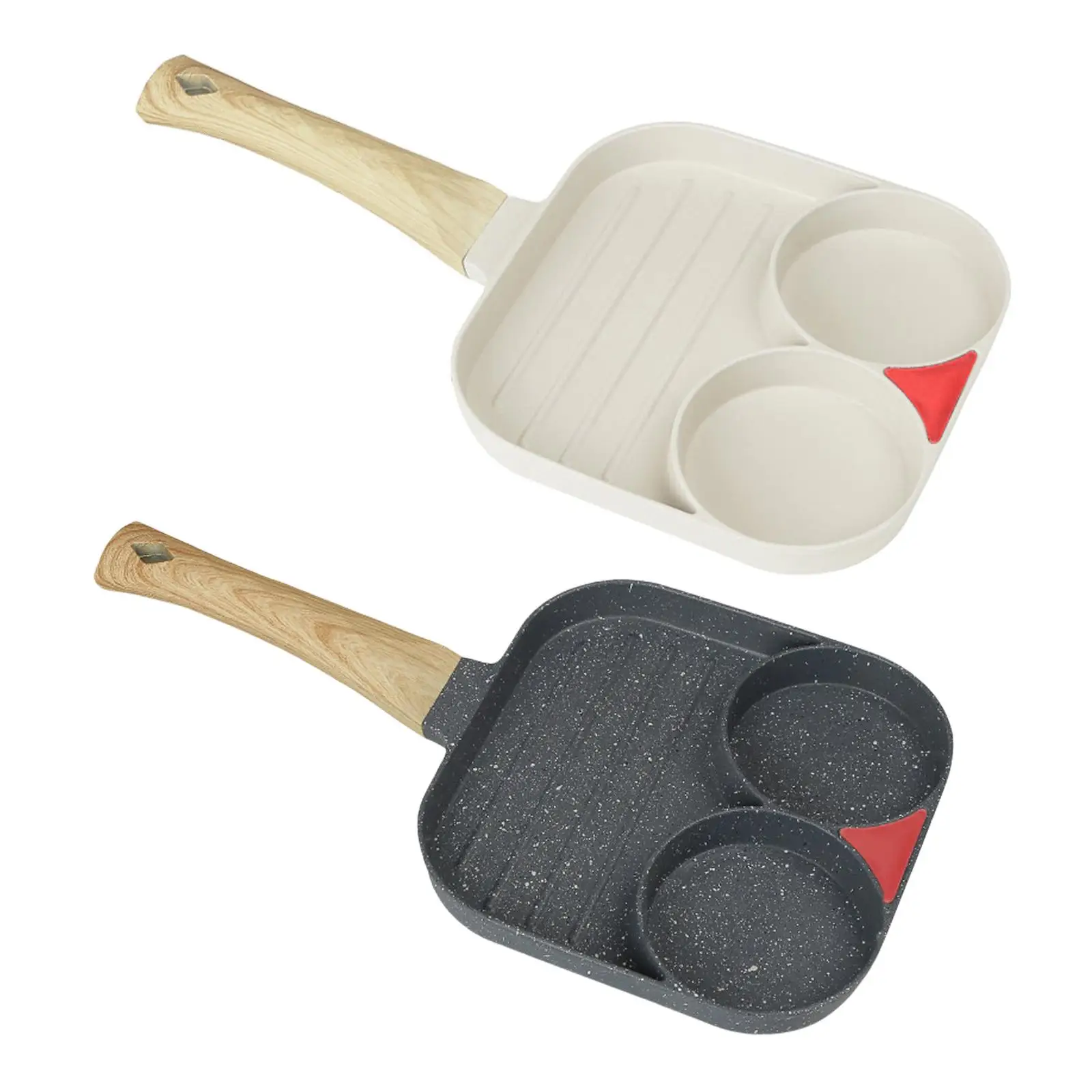2 Hole Breakfast Frying Pan with Wooden Handle 3 Section Divided Skillet Omelet Pot for Frying Baking Vegetable Burger Breakfast