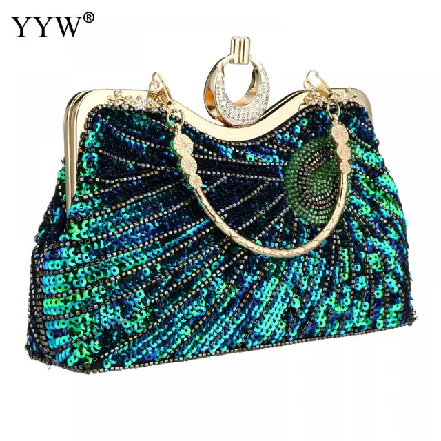 YYW Collection Antique Floral Bead Sequin Soft Clutch Evening Bag Designer  Purse Large Clutch Handbag