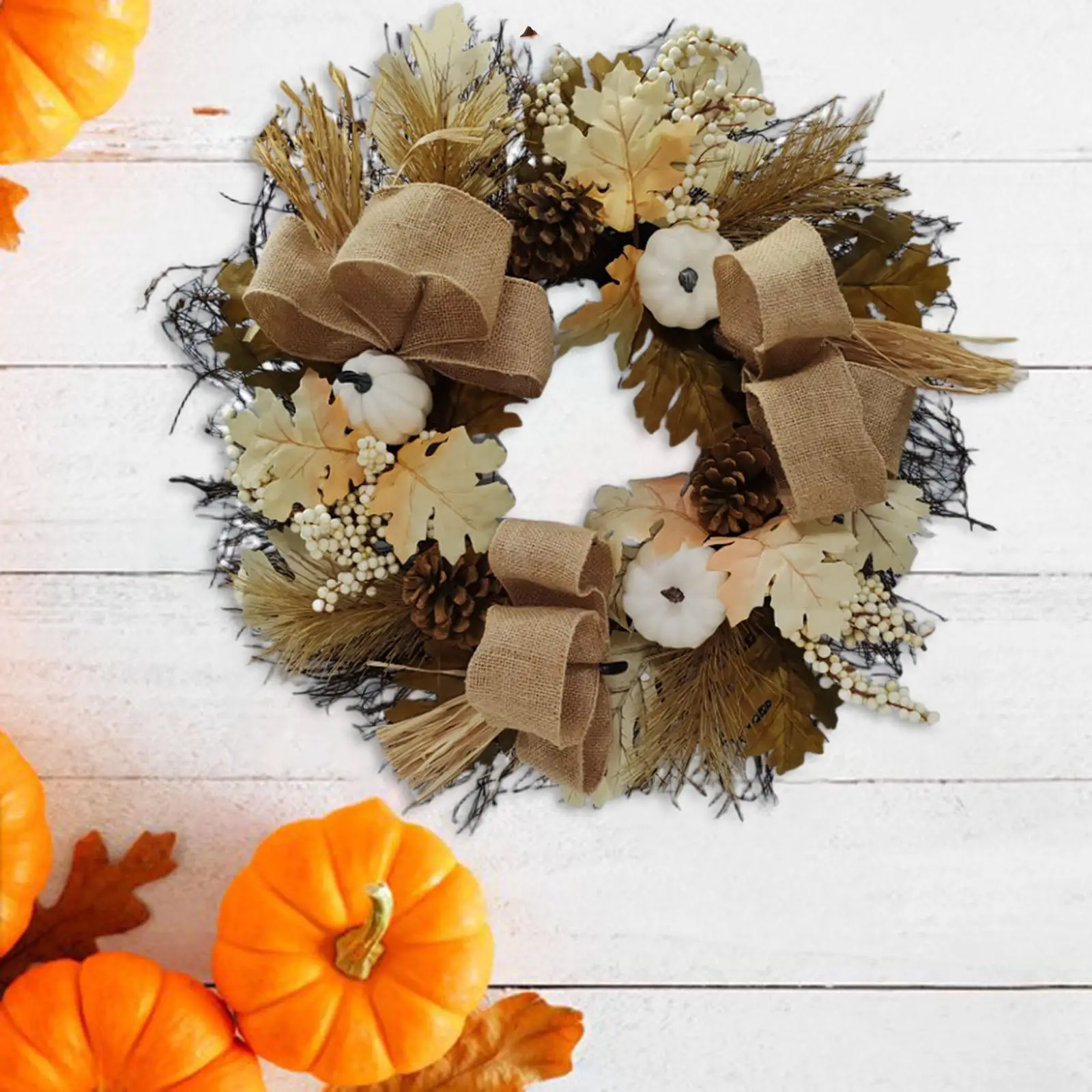 Fall Wreath Harvest Festival Wreath Linen Ribbon Artificial 20 inch Thanksgiving Wreath Autumn Wreath for Wall Outside Home