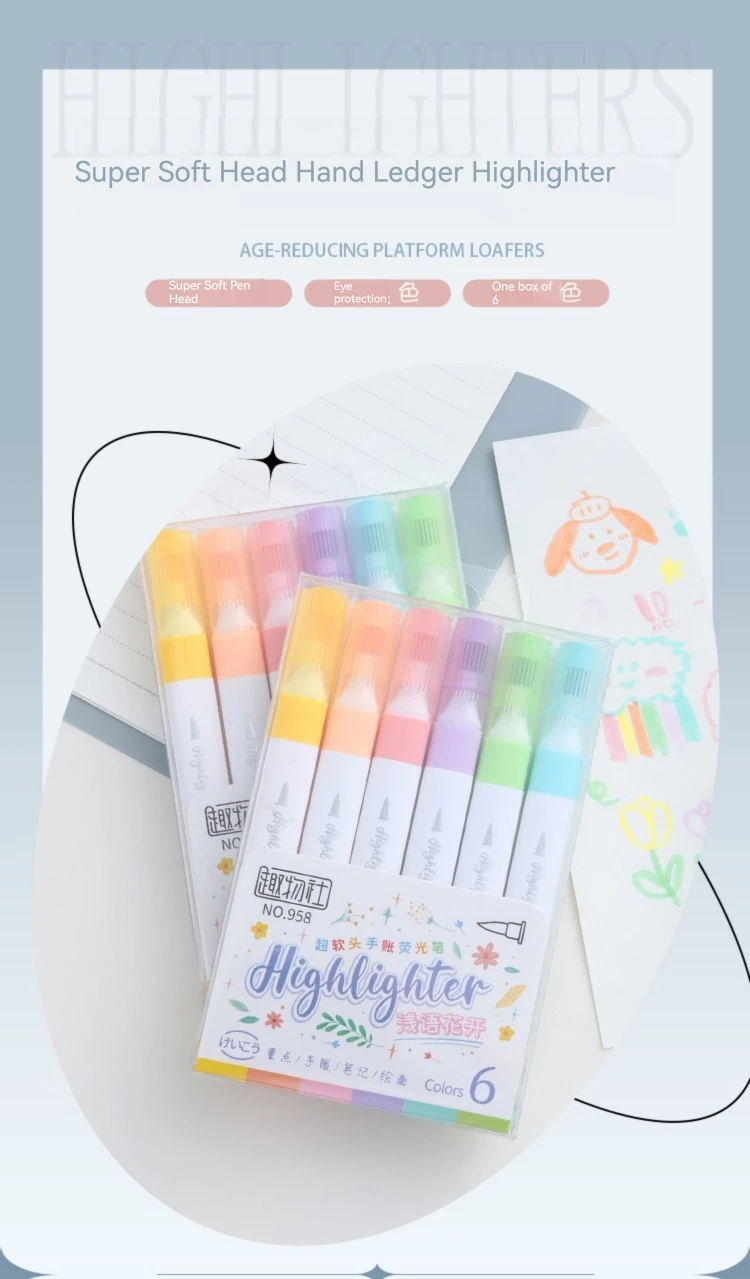 6-Farben-Textmarker-Set in Pastellfarbe, Pinsel, fluoreszierende Marker, Textmarker, Kunstmarker, japanisches süßes Kawaii-Briefpapier – Detail 1