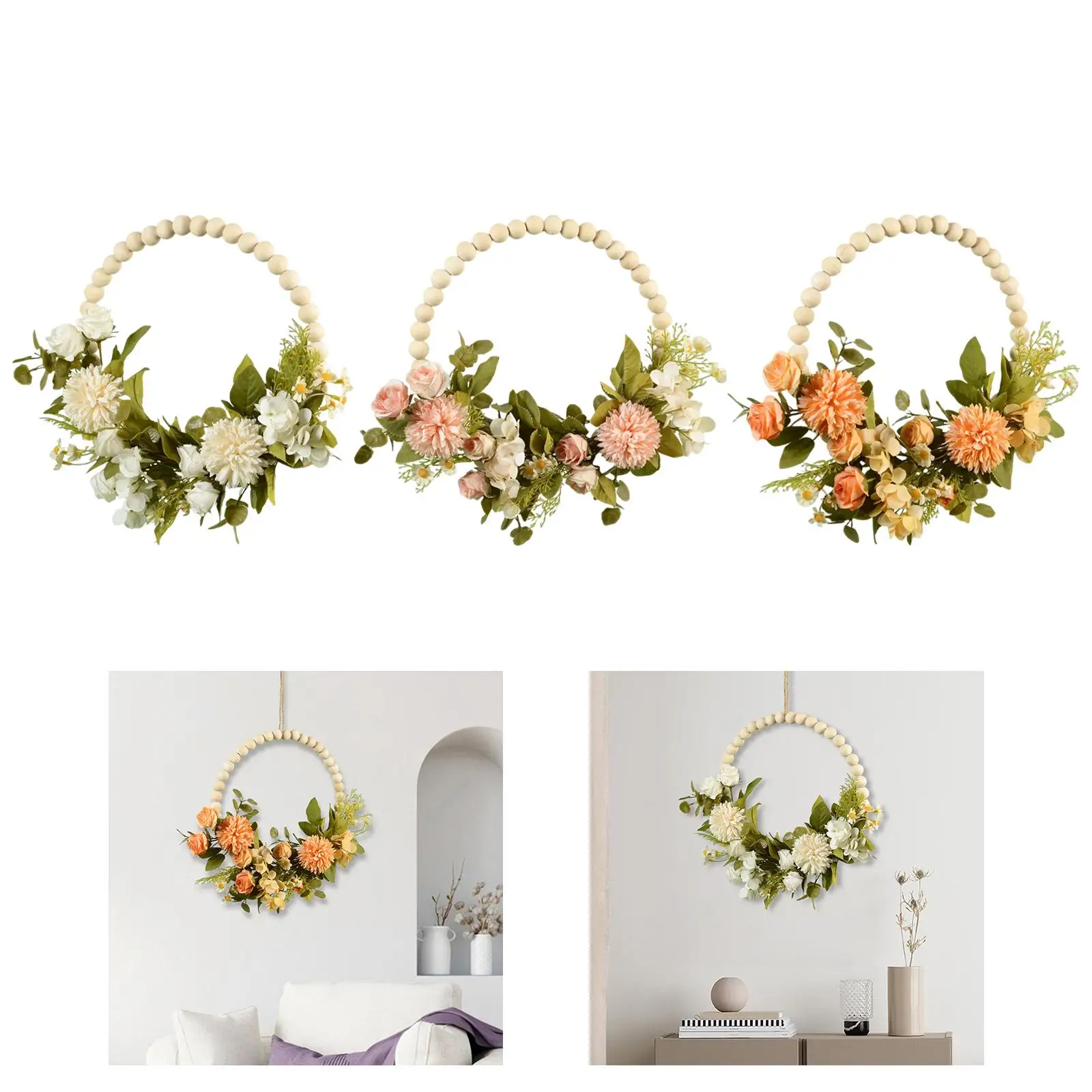 Flower Wreath Garland Door Wooden Beads Circle Hanging Spring Wreath Greenery Leaves for Indoor Outdoor Fireplace Decor