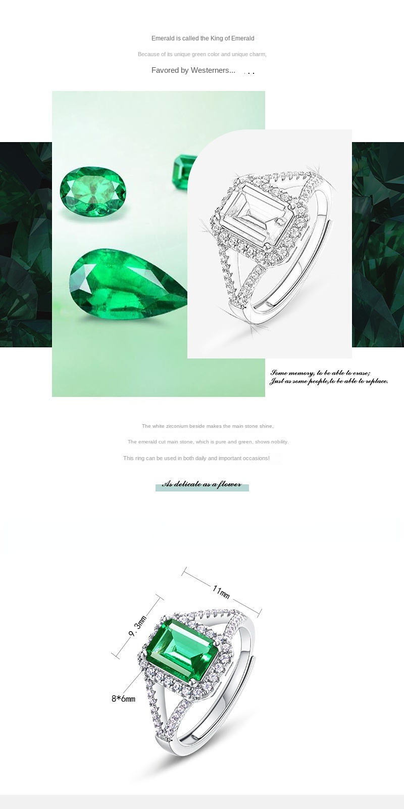 Classic fashion temperament 1.25ct emerald ring in S925 silver setting, elegant gemstone jewelry3