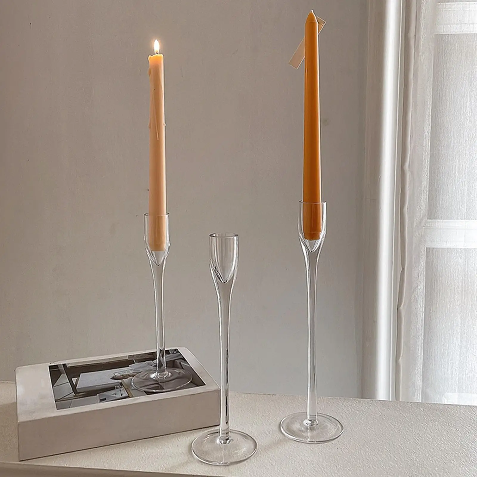 3x Glass Candlestick Home Decor Taper Candle Holders Candleholder for Spring Festival Hotel Fireplace Housewarming Party