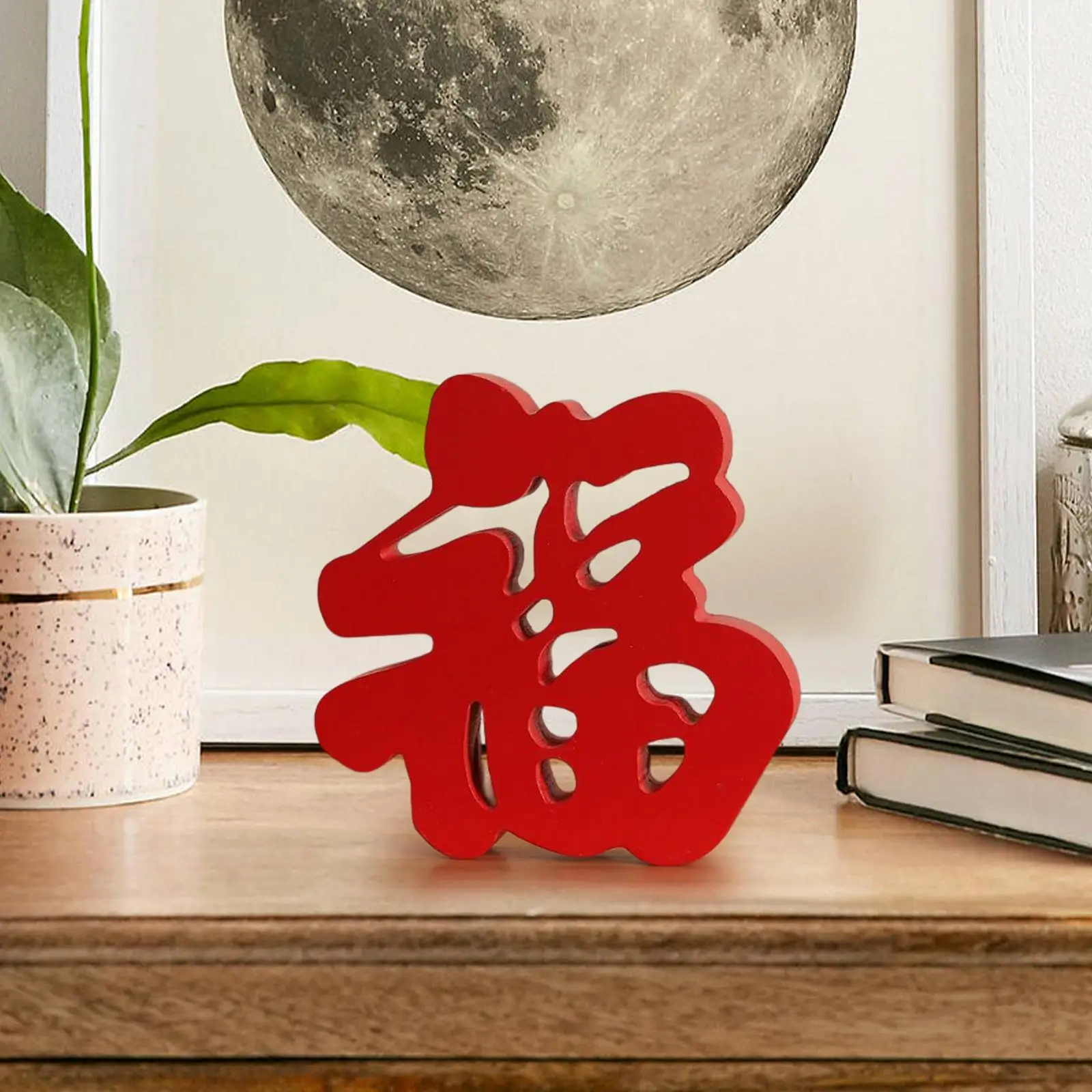 Festival Chinese Happiness Decoration Desk Statues Wood Sculpture Red Fu Character for Home Entrance Decor Housewarming Gifts