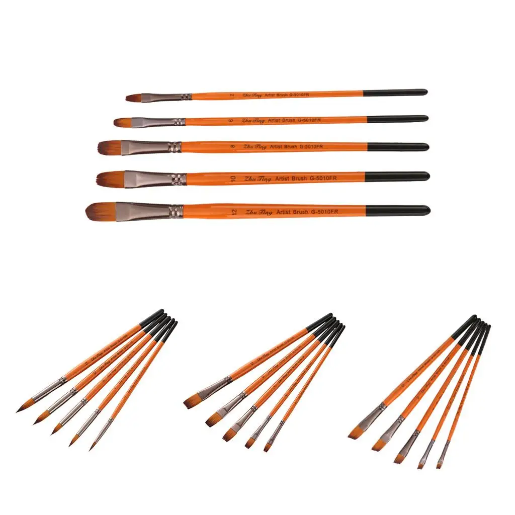5Pcs Brushes Set for for , Acrylic, Oil 5 Different Sizes for Artists, Adults , Orange