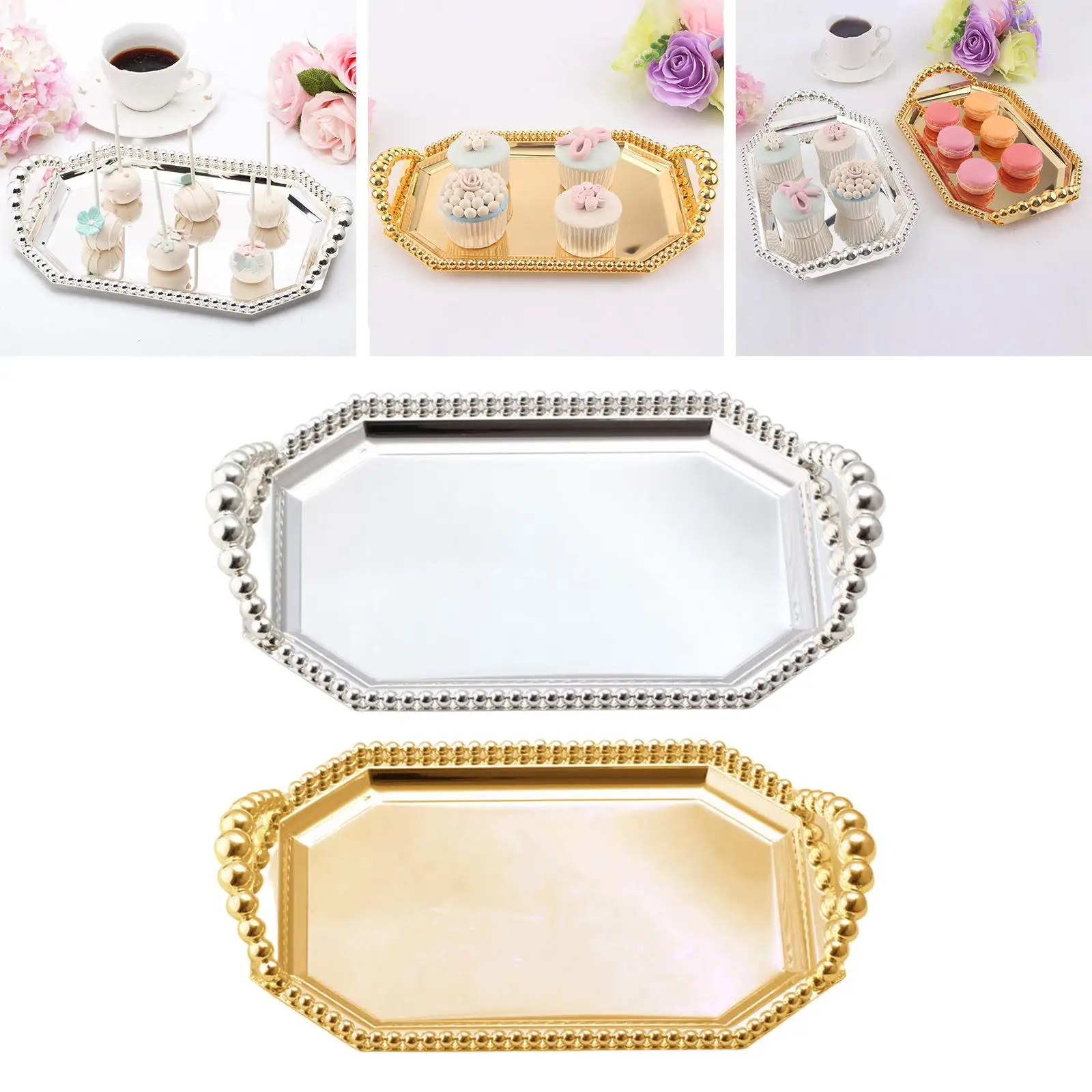 Metal Serving Tray Organizer with Handle Display Tray Dishes Bread Tray for Decoration Bedroom Dressing Room Kitchen Bathroom