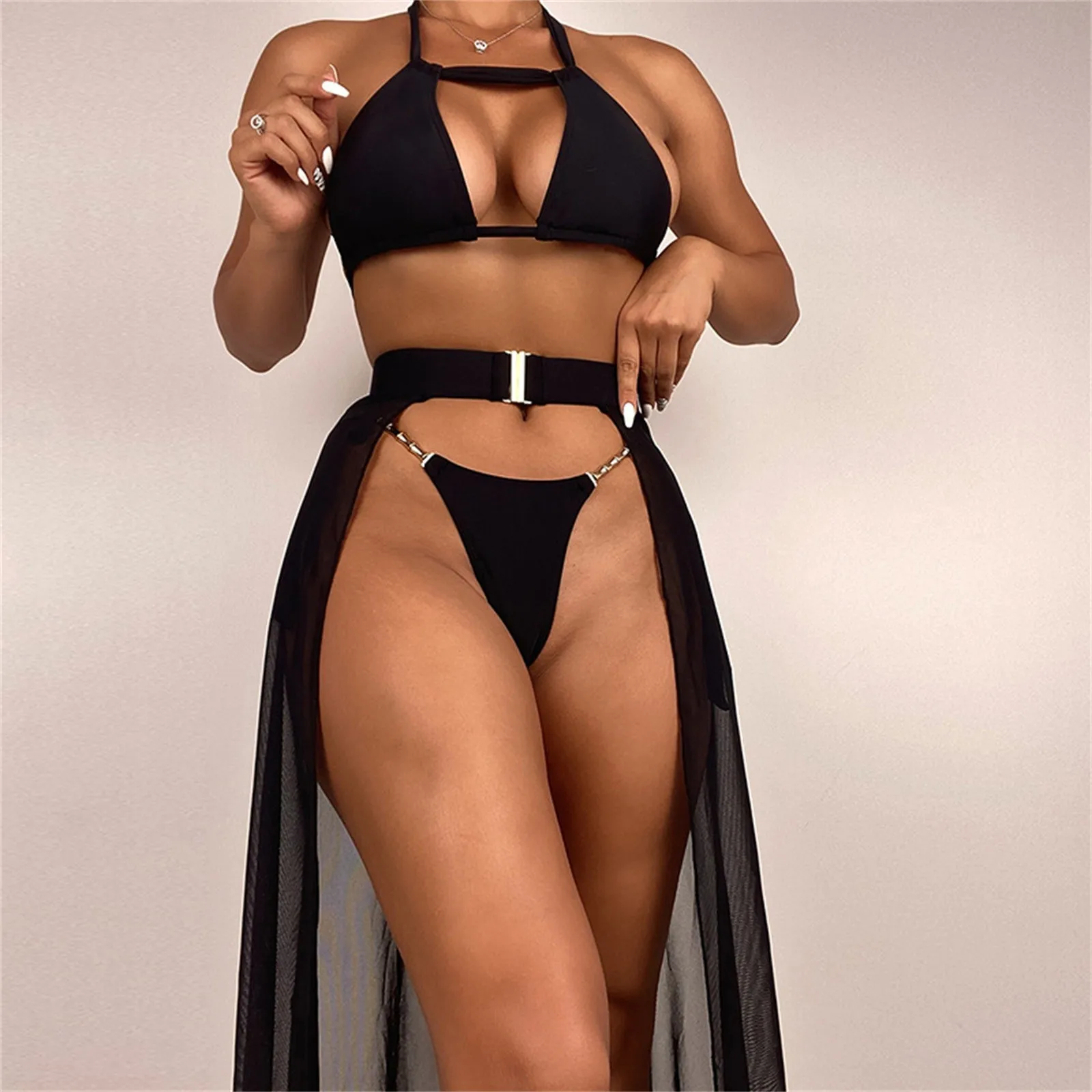 bathing suit sets 3 Pieces Black Bikinis Set Women High Waist Beachwear Cover Up Dress Swimsuit Black Chiffon Swimwear 2022 Sexy Biquini Купальник swimsuit