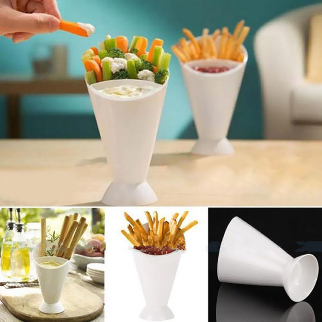 Kitchen Serving Tool Snack Cone Stand + Dip Holder for Chips Finger Food Sauce White