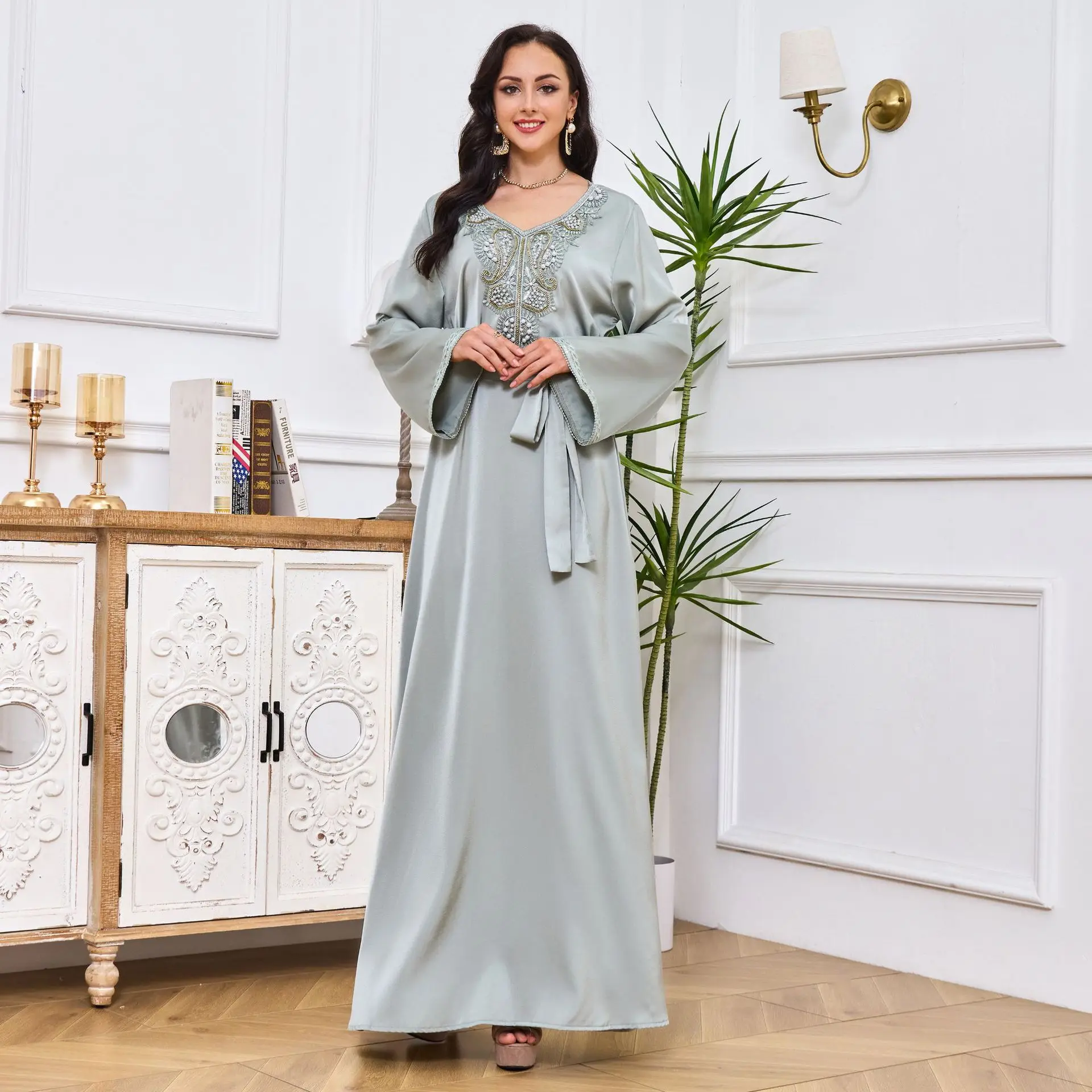 Jalabiya Dresses Abaya Eid Women Muslim Party Dress Kaftan Ramadan Robe Nail Bead Belt Caftan Marocain Abayas Elegant Vestidos