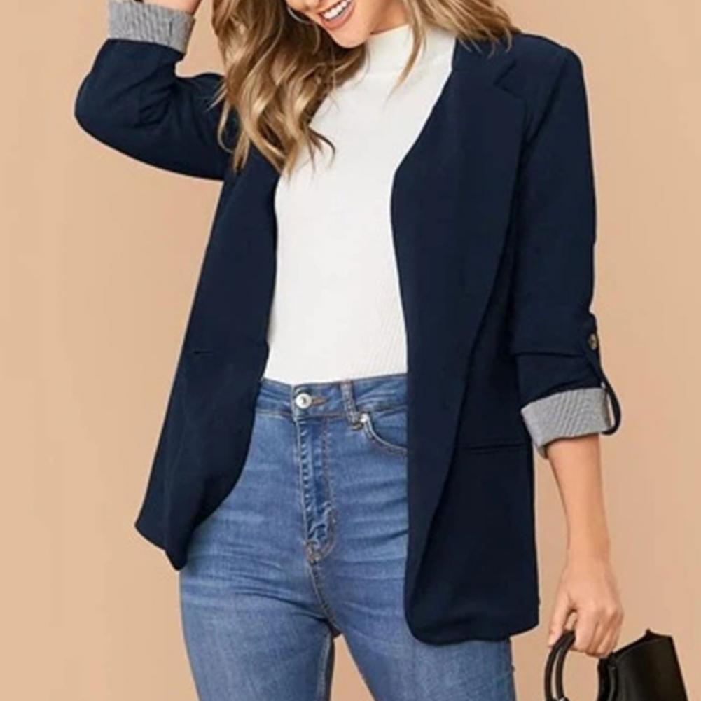 outono feminino blazer lapela bolsos arregaçar manga listrado retalhos punhos único botão cor sólida temperamento senhora terno casaco