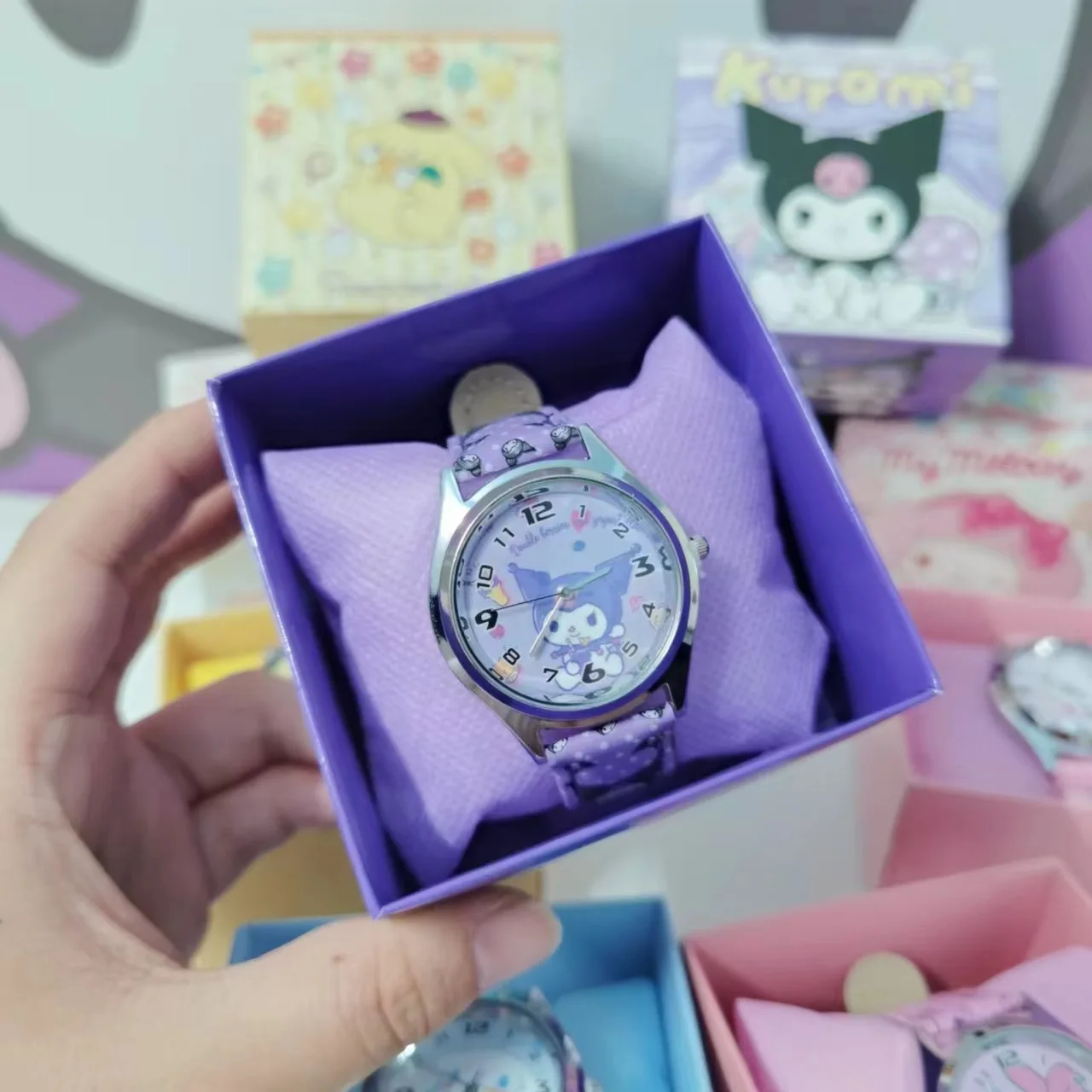 Anime Sanrio Pu skórzany zegarek elektroniczny Kulomi Big-Eared Dog Melody zegarek dla dzieci prezent z pudełkiem