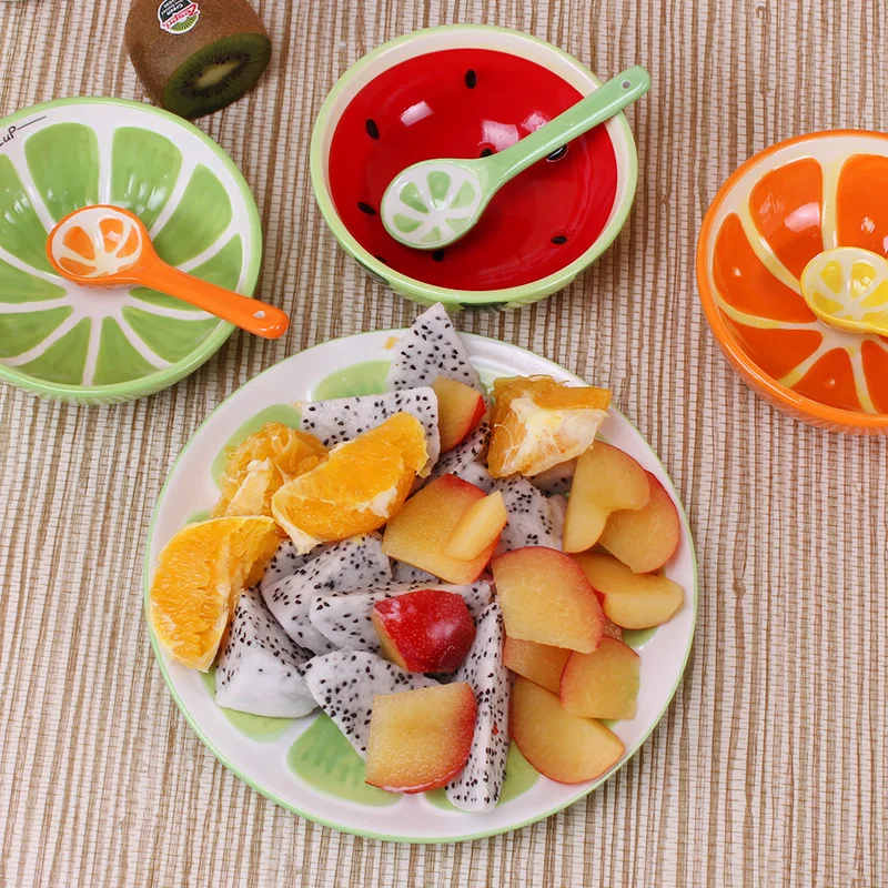 manzana, tazón + cuchara Juego de 3 cuencos de cerámica para frutas y melón para niños comiendo y fiestas 