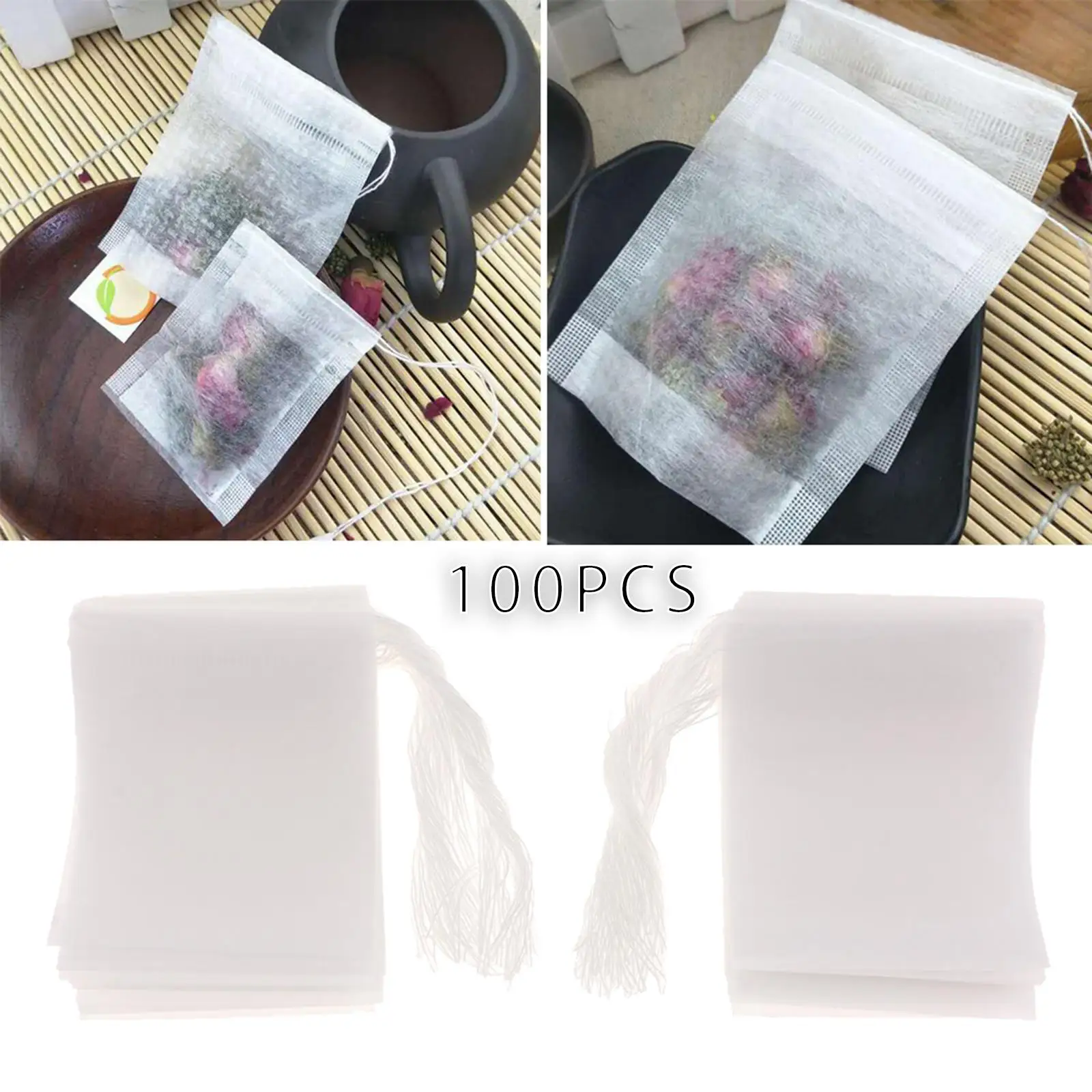 100x Disposable Tea Filter Bags Teabags with Drawstring for Pepper Coffee