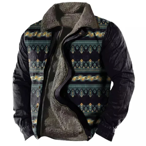 2024 Winter Warm Jacket Coats Men's Western Aztec Vintage Print Sherpa Fleece Lined Jackets Casual Zipper 40