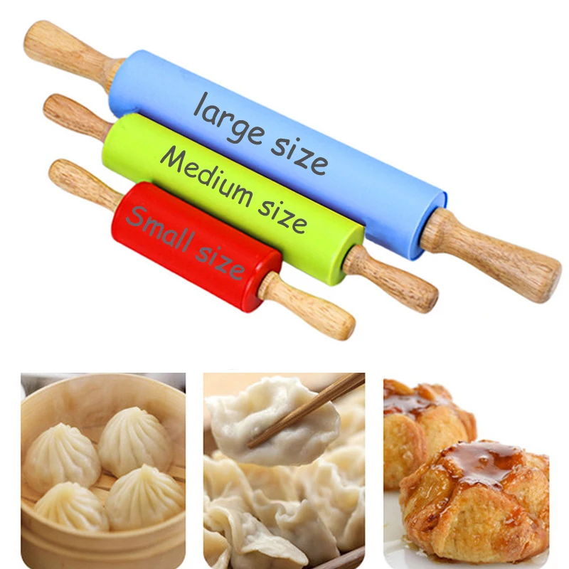 Description Picture 2 of item23/30/39cm Silicone Rolling Pin Non-Stick Pastry Dough Flour Roller Wooden Handle Pizza Pasta Roller Kitchen Pastry Baking Tool