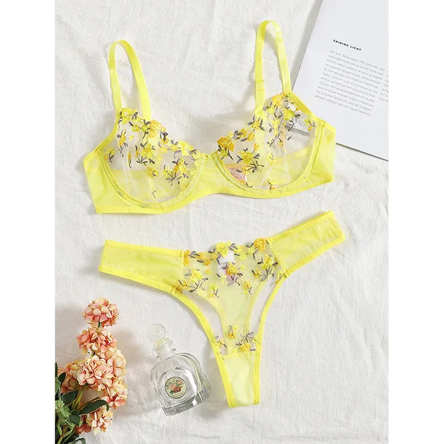 Dropship Sexy Lingerie Yellow Embroidery Floral Garter Sexy Mesh