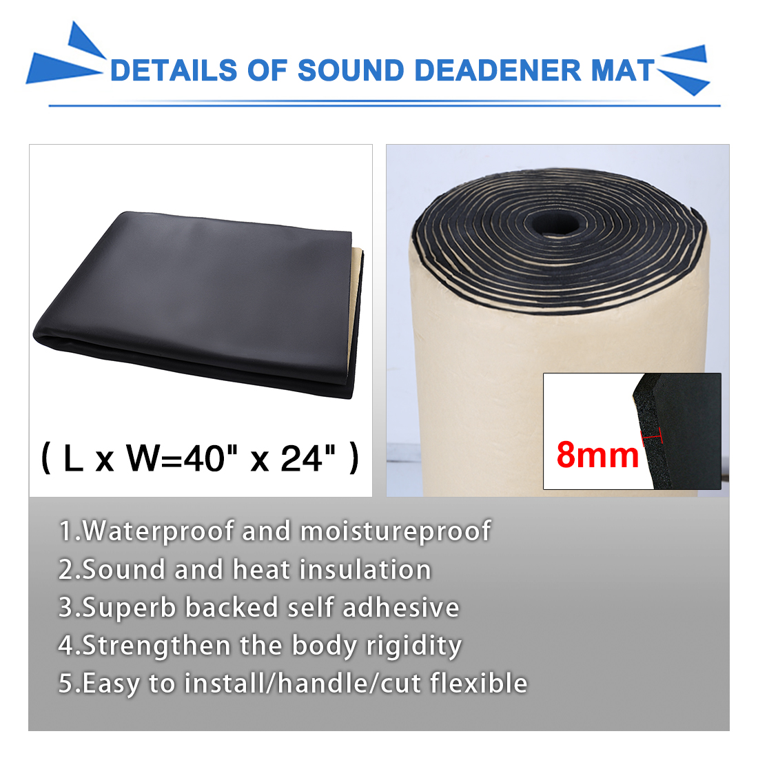 Uxcell 4.5sqft Auto zellen schaum 3mm 5mm 8mm Schallschutz isolierung Dämpfer matte 60cm x 6,46 cm Auto Dämpfung Pad Innen zubehör – Detail 2