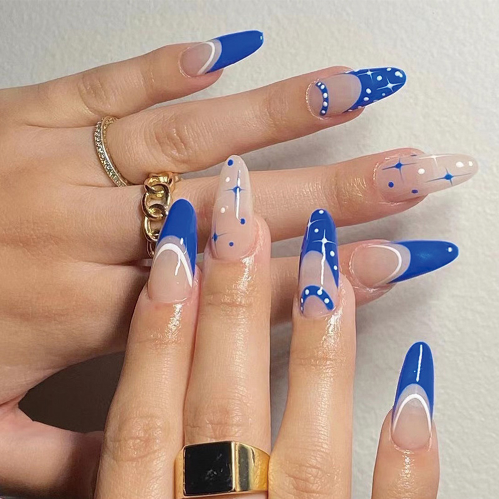 False Nails 24pcs Design Press On Acrylic Nails Medium Glossy Blue White  Star Print Nails For Girls Full Cover Artificial Nails - AliExpress