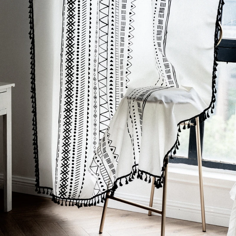 Black and White Modern Cotton Linen Curtains for Bedroom Living Room Embroidered Geometric Striped Tassel Panel Curtains Custom