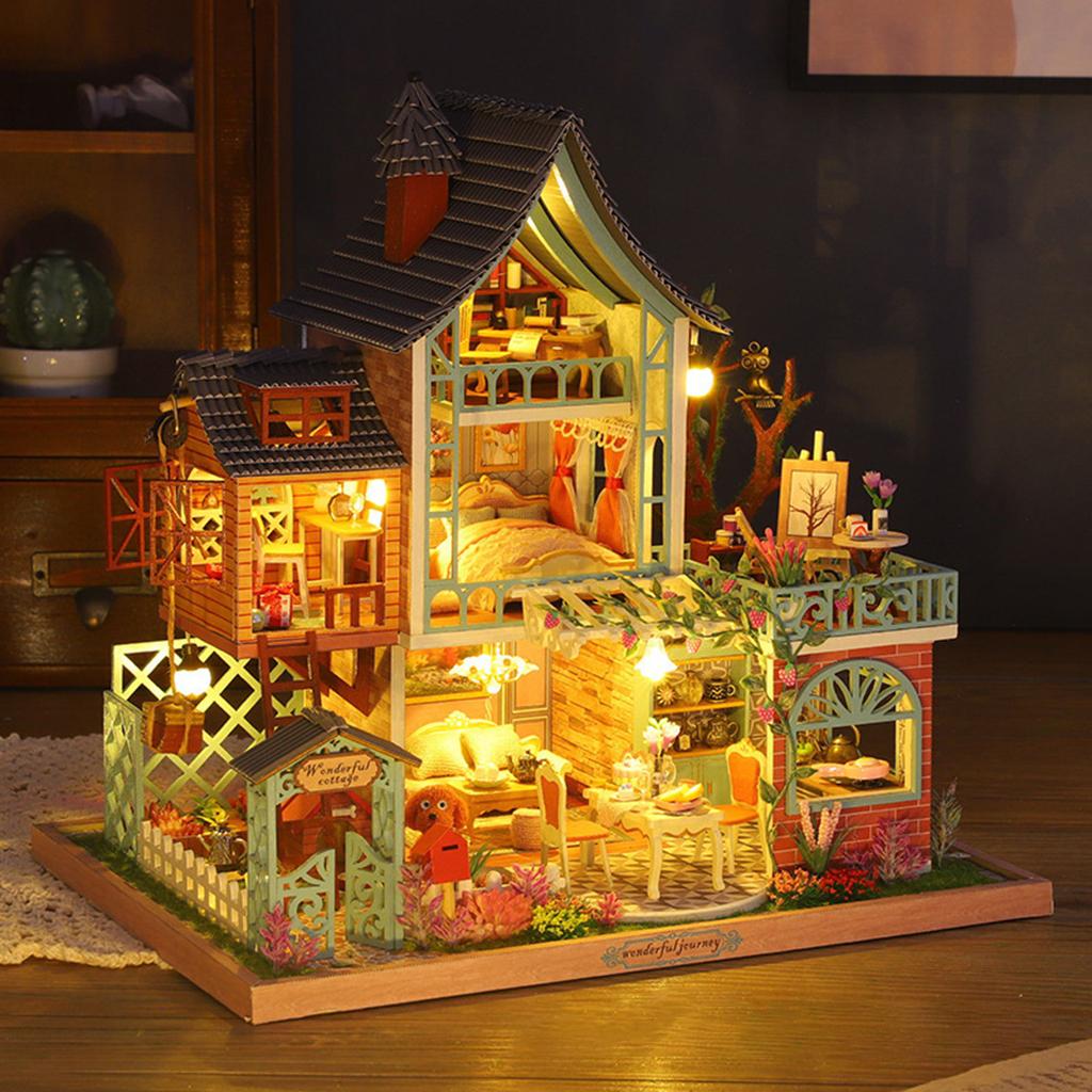 Jungle Resort Doll House, Room Boxes, W/ Switch Livingroom Miniature, for Christmas Crafts