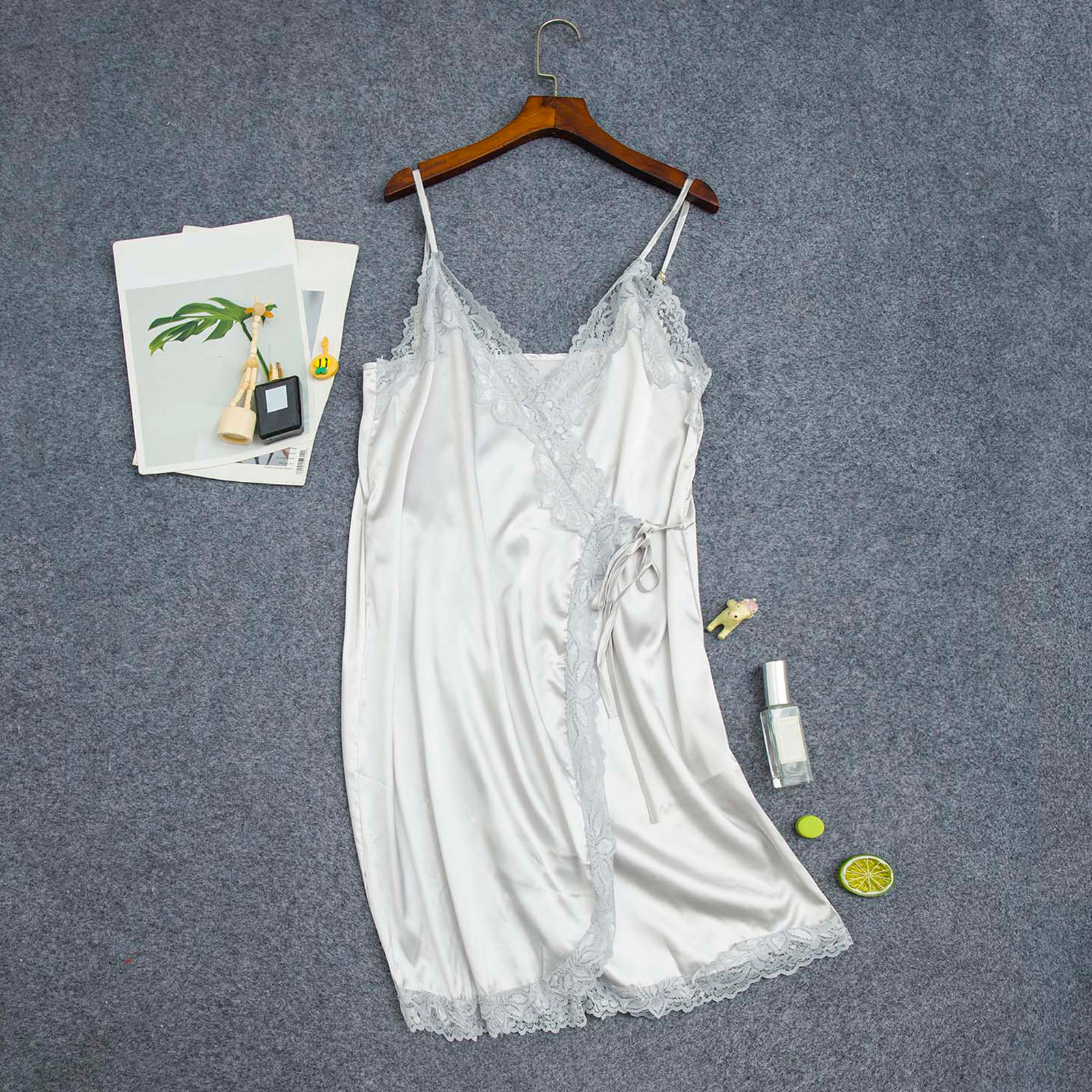 Fashion 25 Women Sleepwear Silk Satin Lace Robe Dress Nightdress