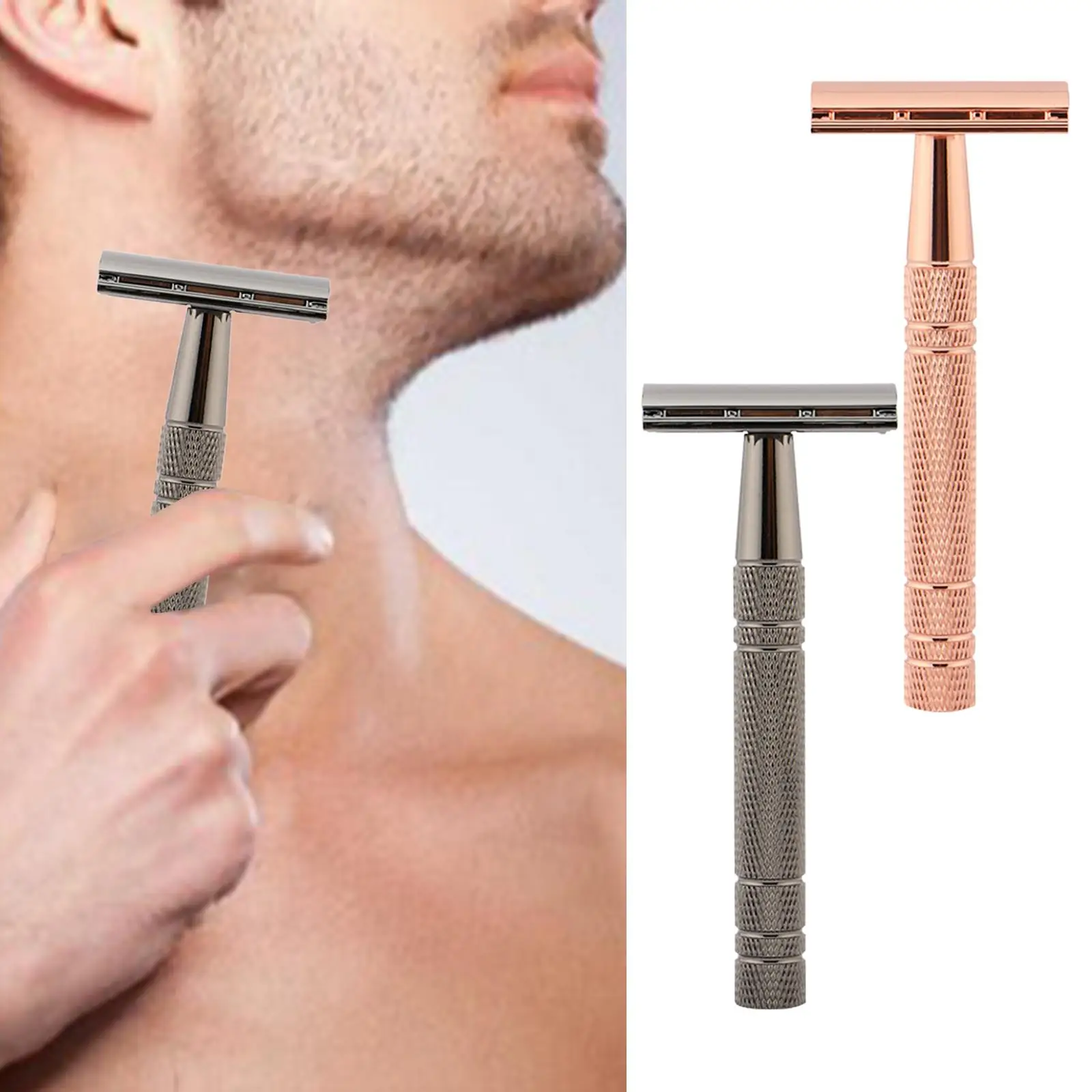 Double Edge Safety Razor Moustache Grooming Tool Long Anti Slip Handle Face Hair Removal for Men Barber Shop 5 Shaving Blades