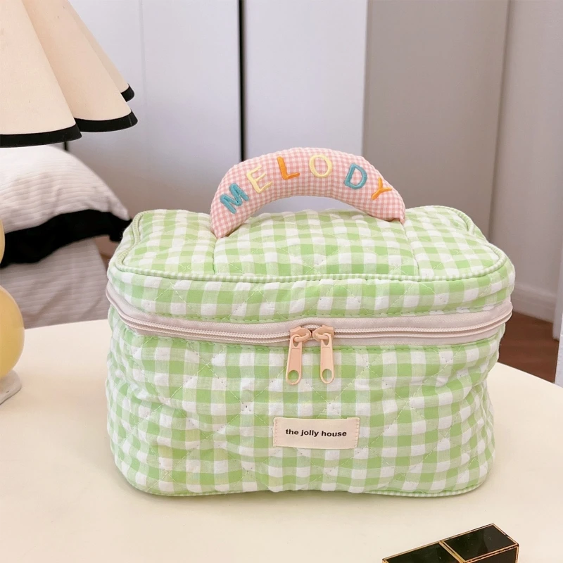 Lumento White Checkered Makeup Bag,Travel Storage Cosmetic Bag,PU