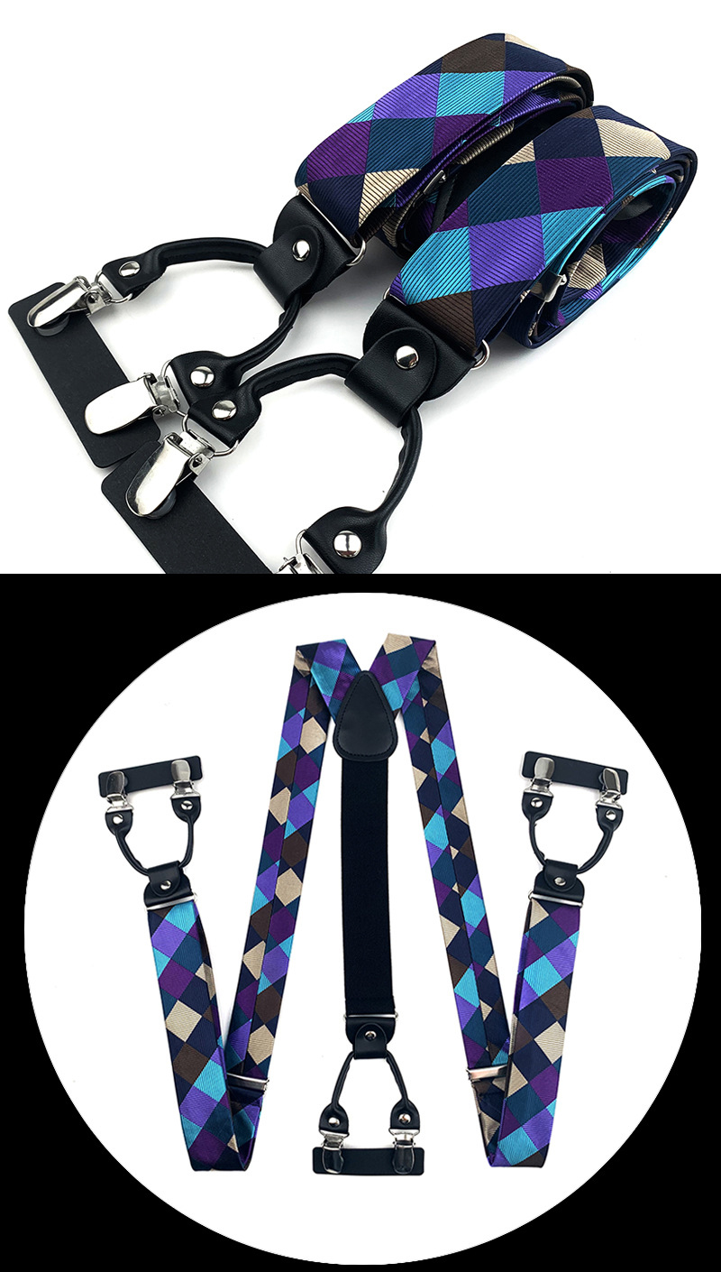 VEEKTIE Brand Suspender For Men 6 Snap Hooks Y-back Adjustable Jacquard Floral Check Shirts Paisley Yellow Blue Vintage Retro