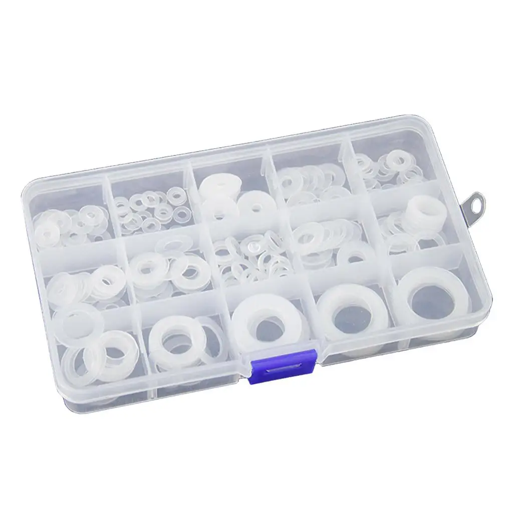250 Pieces White Nylon Washer Flat Gasket Set w/ Storage Box Assortment Box