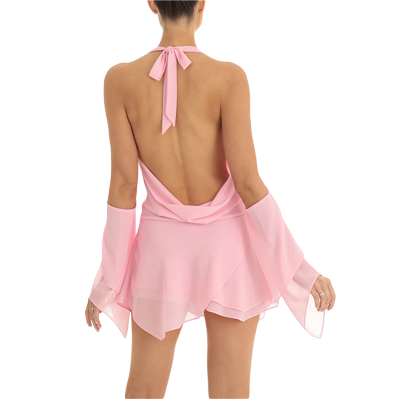Vestido Y2K de verano para mujer, color liso, con cuello colgante, hombros descubiertos, fruncido, manga larga, espalda descubierta, corto, para discoteca