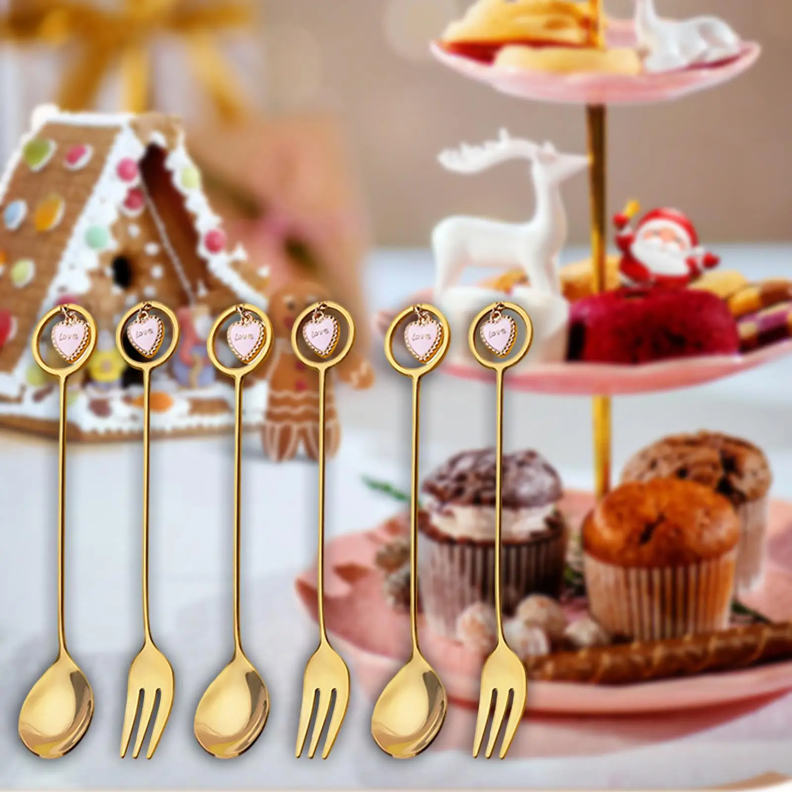 6x Christmas Flatware Coffee Stirring Spoon Christmas Forks and Spoons Set for Wedding Restaurant Daily Use Christmas Kitchen