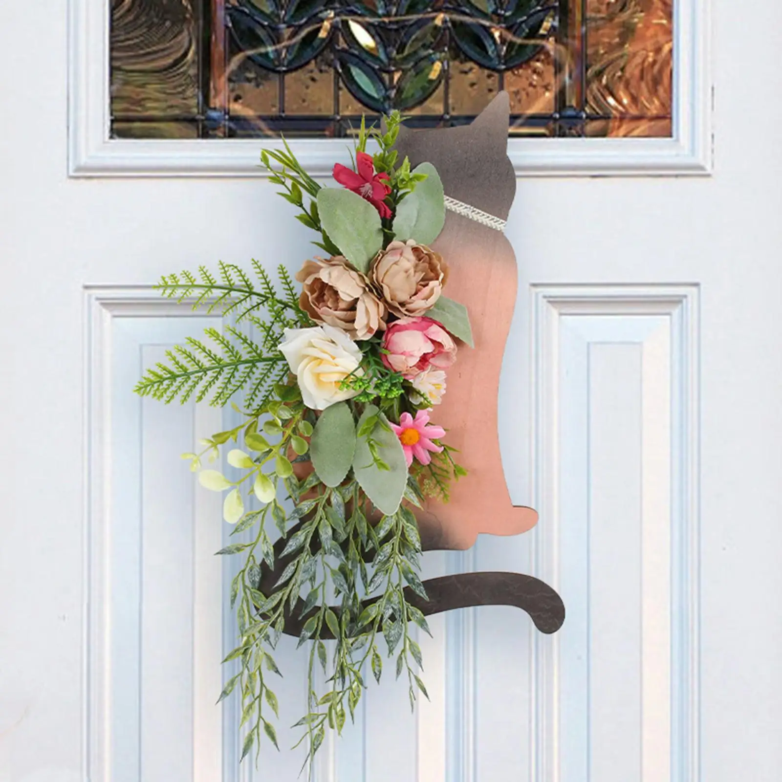 Artificial Flower Wreath Door Hanger Halloween Decorations 25x40cm Cat Wooden Door Sign for Door Holiday Window Wedding Porch