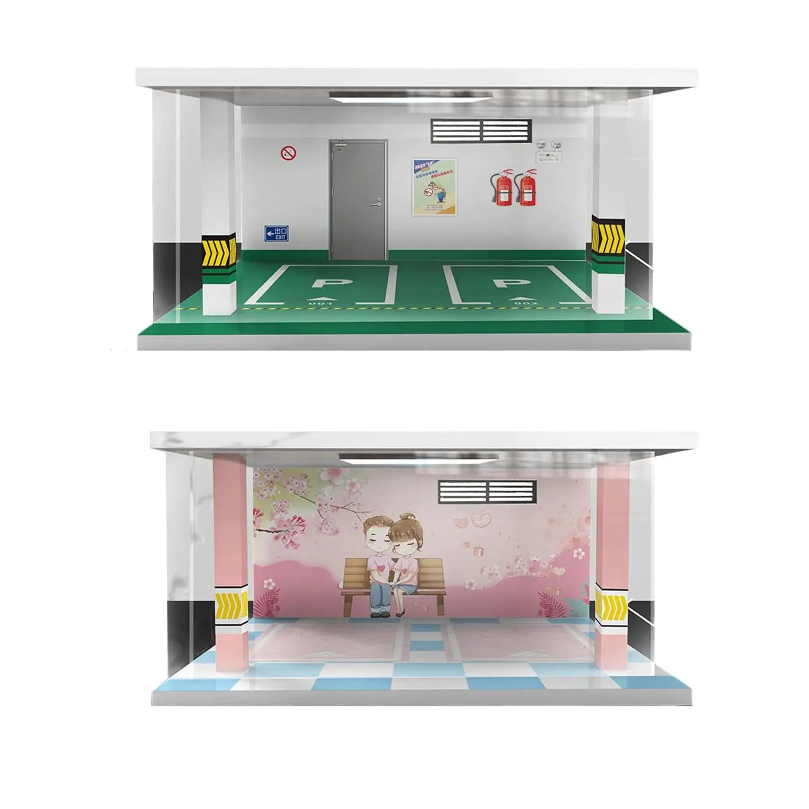 Clear Hobby Display Cases with LED Lighting Parking Lot Scene and Acylic Cover Background Garage for 1:24 Diecast Cars