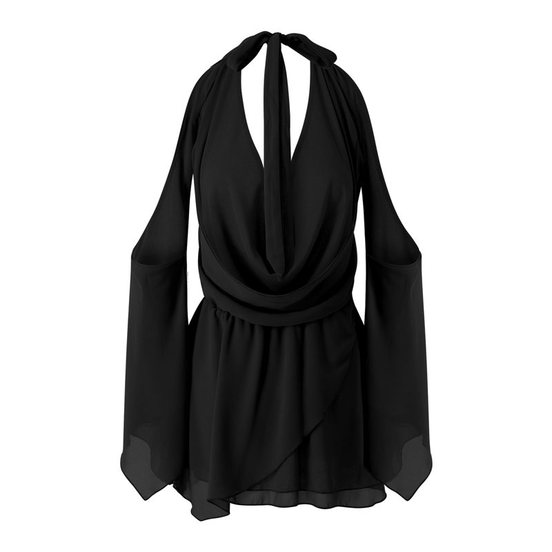 Vestido Y2K de verano para mujer, color liso, con cuello colgante, hombros descubiertos, fruncido, manga larga, espalda descubierta, corto, para discoteca