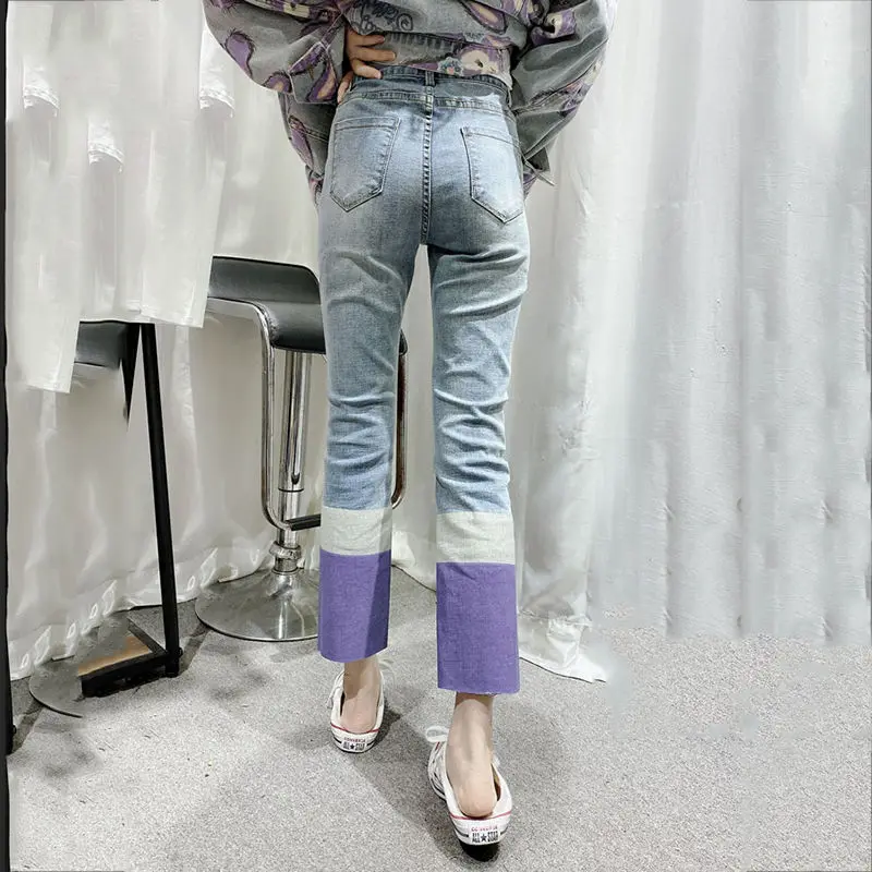 Koijizayoi Panelled Color Women Fashion Jeans Ankle Length High Waist Girls Chic Denim Pant Pocket Spring Autumn 2022 New Jeans black jeans