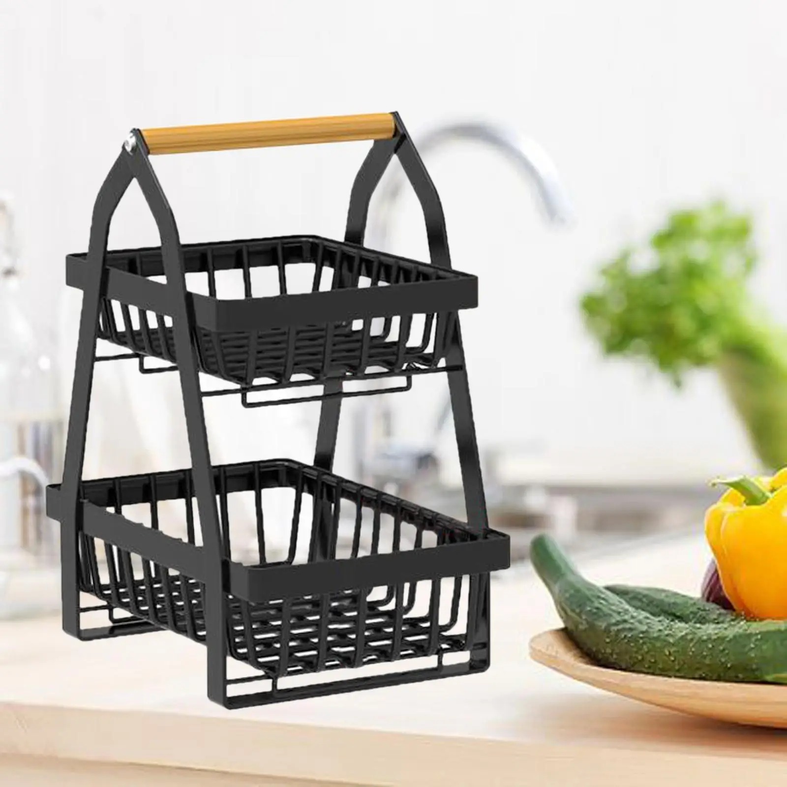 Bread Vegetable Farmhouse Fruit Basket Bowl Stand with Wooden Handle Detachable Metal Wire Basket for Countertop Dining Room