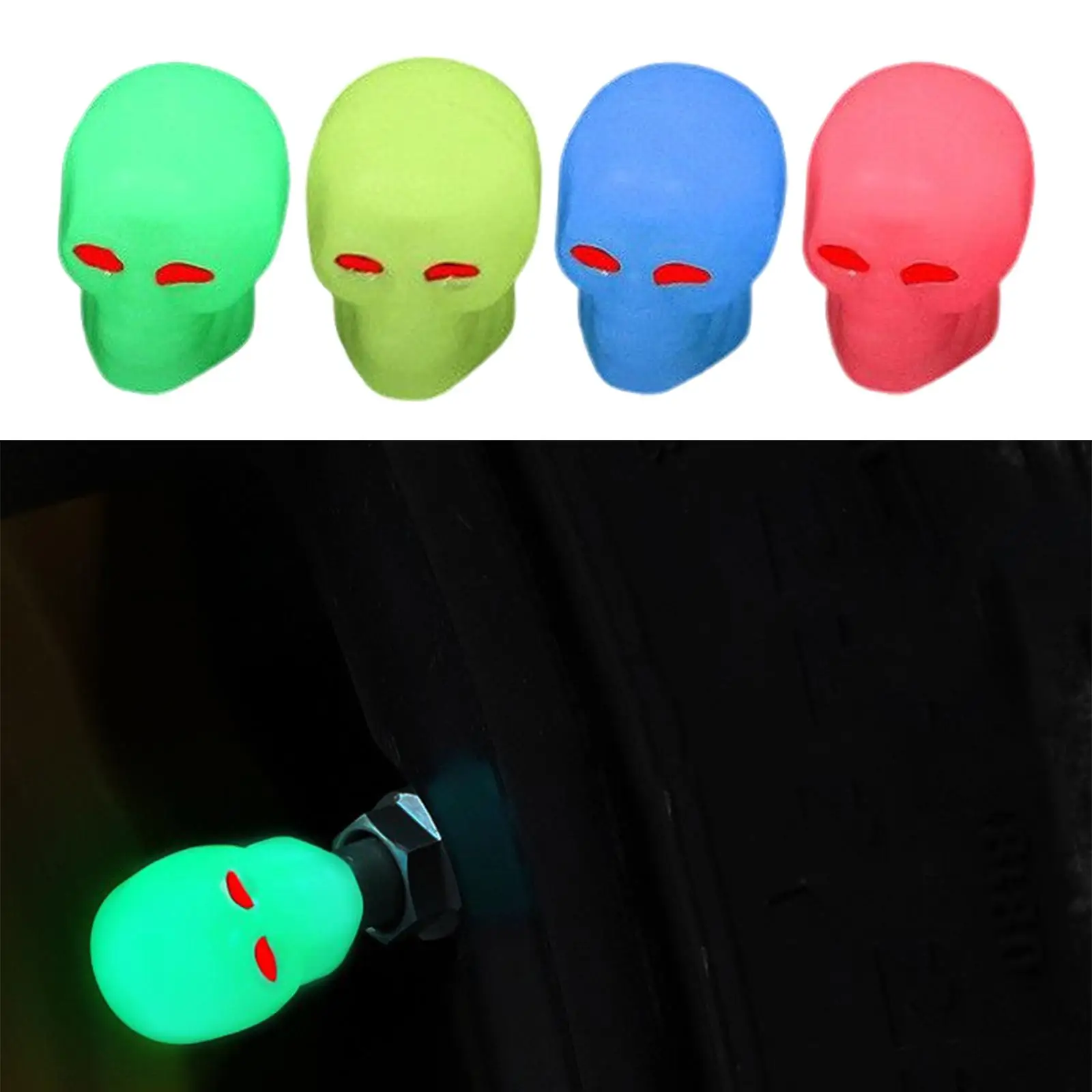 4Pcs Skull Shaped Car Tire Stem Cap Illuminated Car Accessories Glow in The Dark Auto Wheel Stem cap Cover for bike