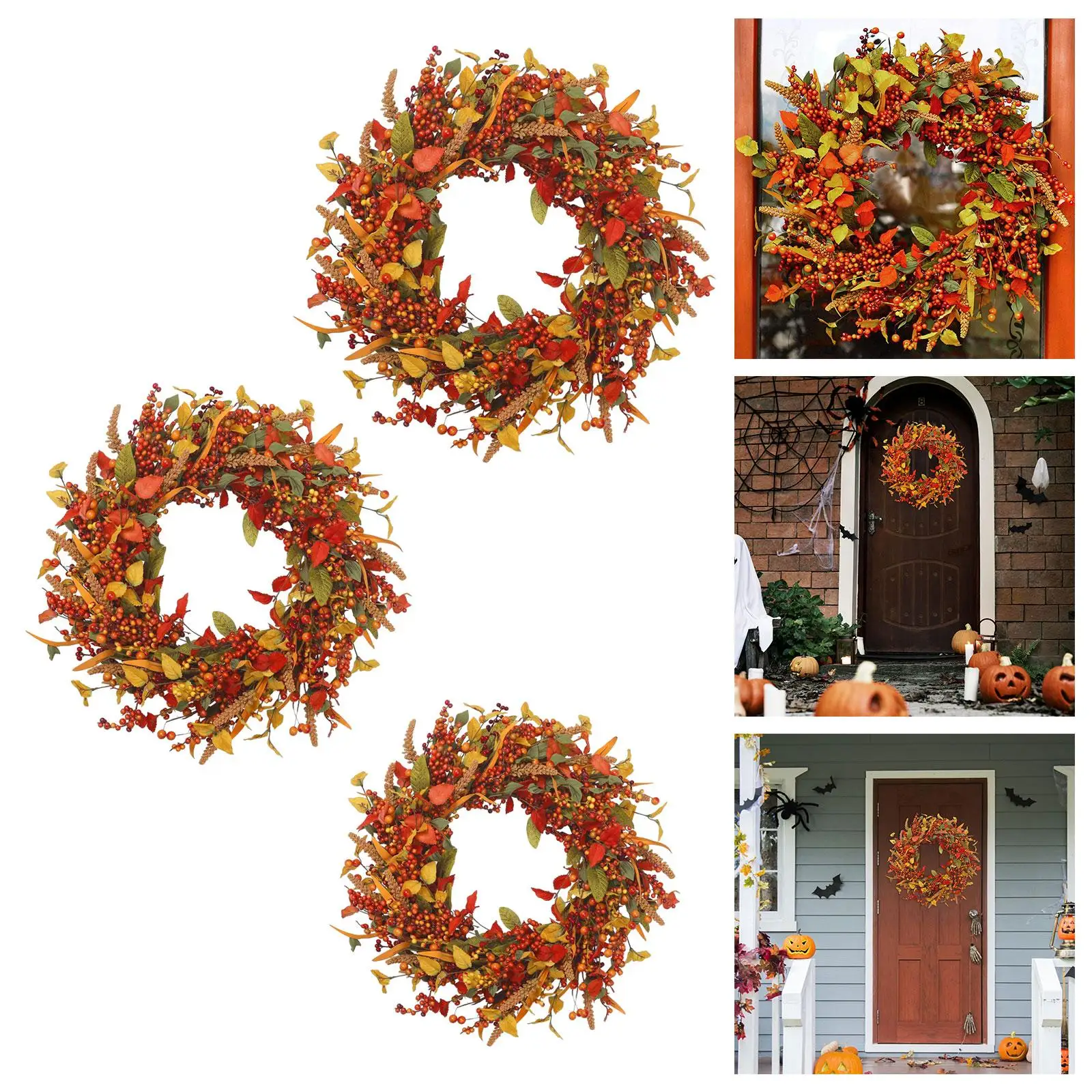 Fall Wreath Autumn Wreath with Yellow and Green Leaves Harvest Wreath Fall Berries Wreath for Front Door Halloween Festival