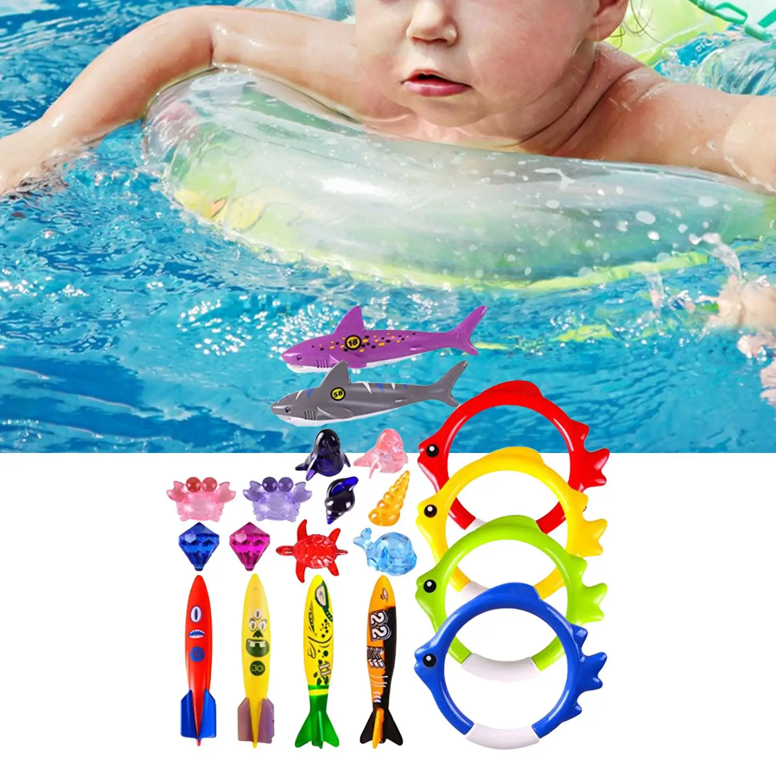 20 Pieces Fun Swim Games Sinking Set Gems Shark Rings Underwater Swimming Pool Toys for Diving Practice Kids 8-12