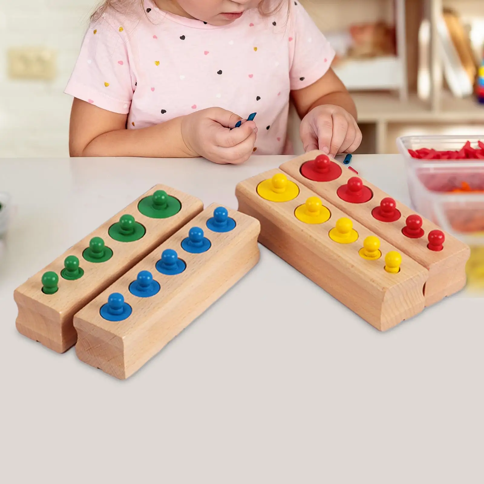 4Pcs Knobbed Cylinders Blocks Socket Early Development Montessori Toy Wooden Cylinders Ladder Blocks for School Home Kids Baby