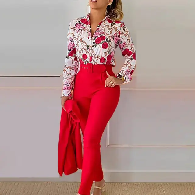 2 Pcs/Set Women Shirt Pants Suit Single-breasted Stand Collar Long