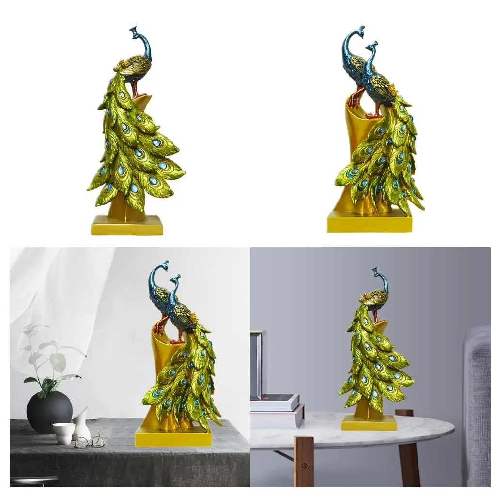 2x Chic Resin Peacock Figurine Sculpture Decorative Ornament Bookshelf Decor