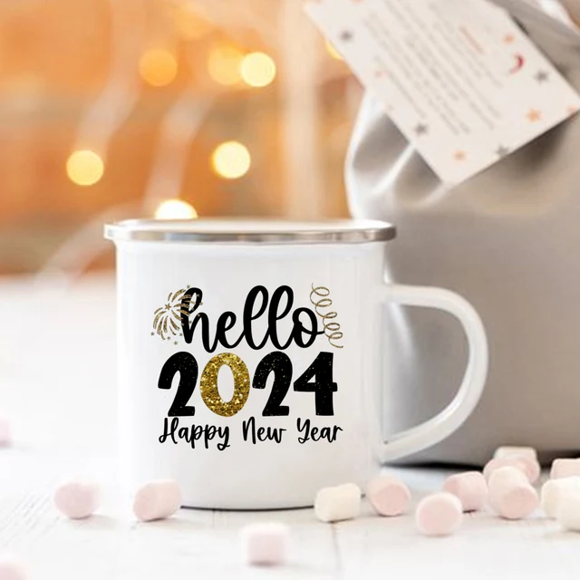 Hello 2024 Printed Enamel Mugs Coffee Cups Happy New Year Party