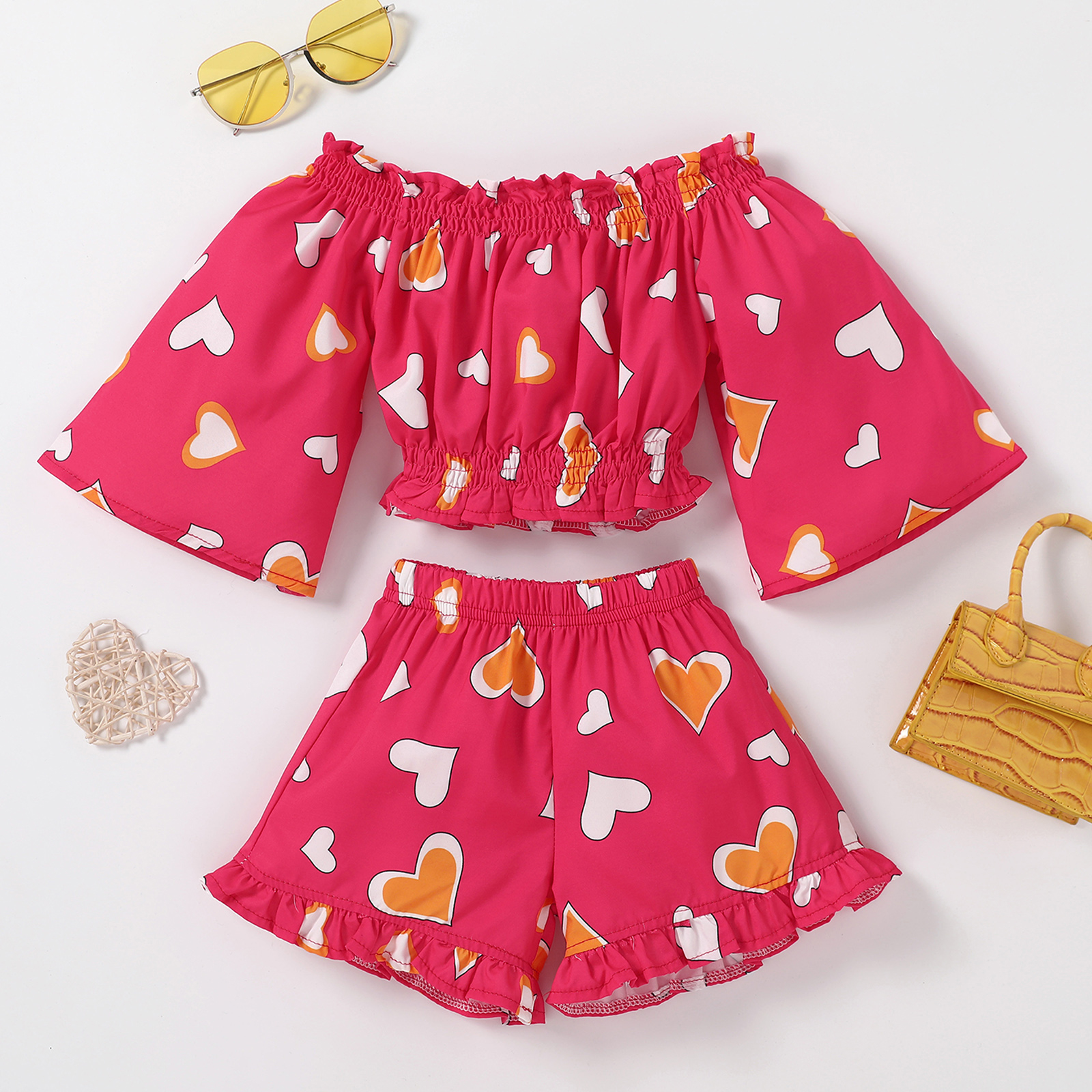 27Y Summer Kids Girl Clothing Set Off Shoulder Hearts Print Pleated