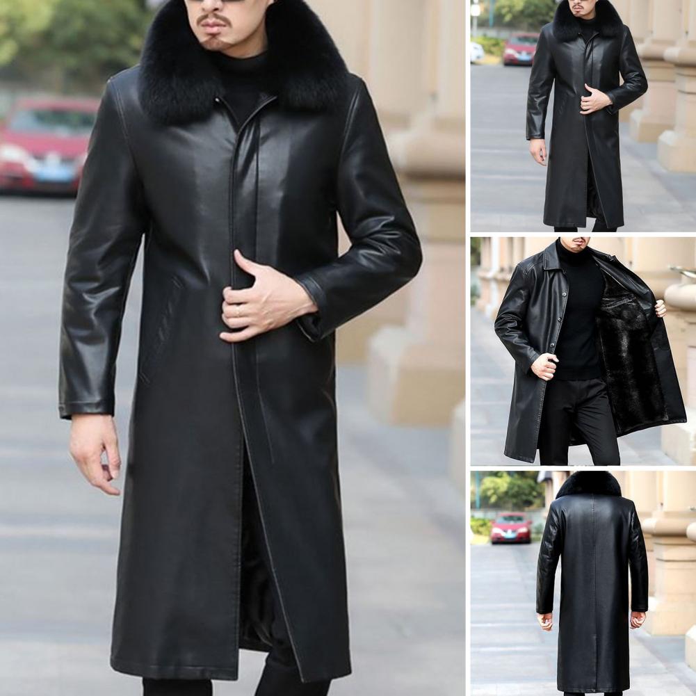 Description Picture 3 of itemMen Autumn Winter Faux Leather Windbreaker Lapel Long Sleeve Single Breasted Fleece Lining Jacket Coat Loose Long Outwear